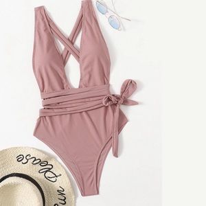 COPY - Tie Wrap Criss Cross Deep V-Neck Brazilian Style Swimsuit with Open Back